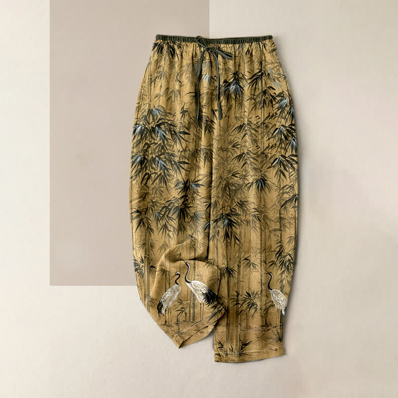 Buddha Stones Pure Cotton Oriental Bamboo Crane Pattern Women's Elastic Waist Pants With Pockets - Khaki - US16，UK/AU20，EU48 (3XL) - image 0