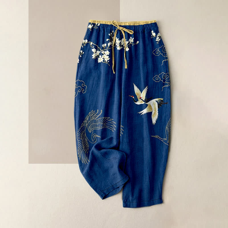 Buddha Stones Pure Cotton Flying Crane Floral Pattern Women's Elastic Waist Pants With Pockets - Navy - US16，UK/AU20，EU48 (3XL) - image 5