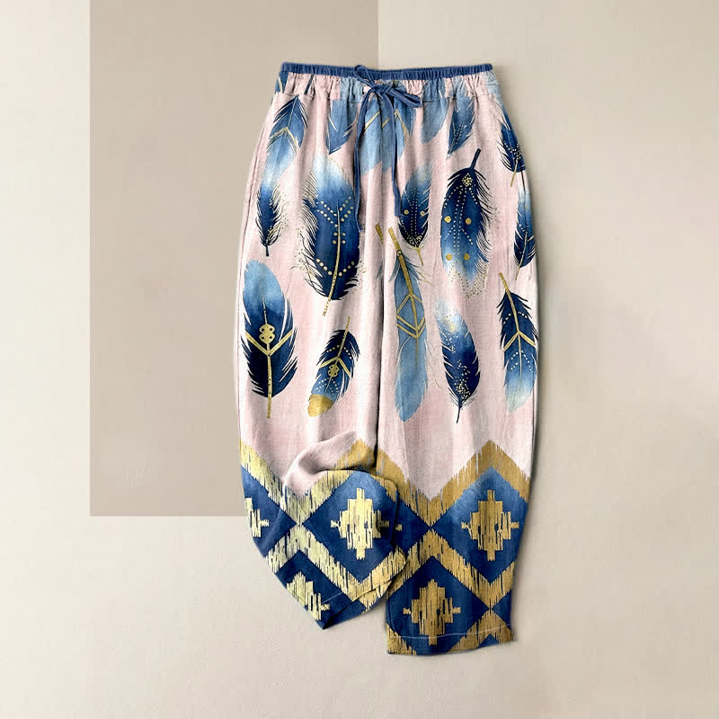 Buddha Stones Pure Cotton Navy Feather And Gold Border Pattern Women's Elastic Waist Pants With Pockets - LightPink - US16，UK/AU20，EU48 (3XL) - image 4