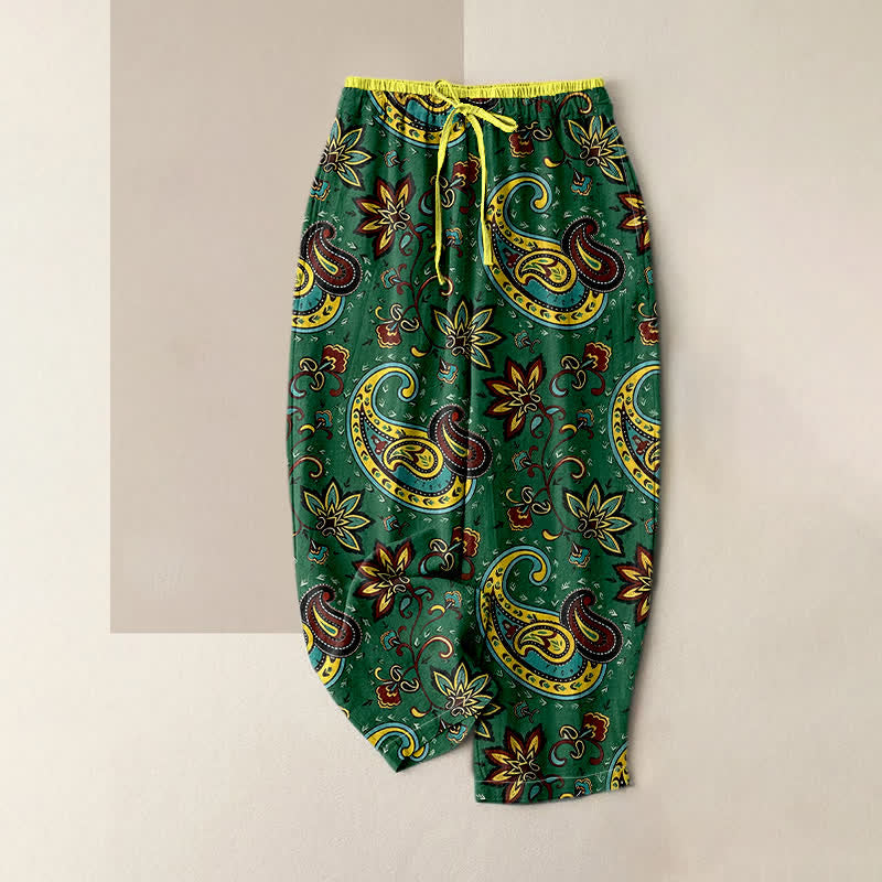 Buddha Stones Pure Cotton Paisley Floral Pattern Women's Elastic Waist Harem Pants With Pockets - ForestGreen - US16，UK/AU20，EU48 (3XL) - image 0