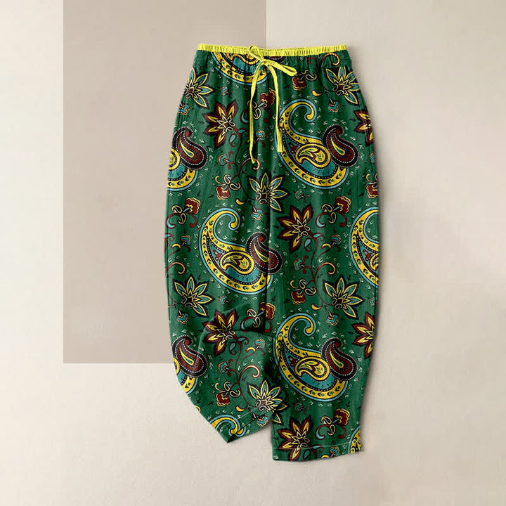 Buddha Stones Pure Cotton Paisley Floral Pattern Women's Elastic Waist Harem Pants With Pockets - ForestGreen - US16，UK/AU20，EU48 (3XL) - image 0