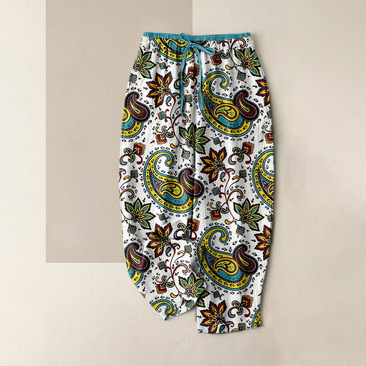 Buddha Stones Pure Cotton Paisley Floral Pattern Women's Elastic Waist Harem Pants With Pockets - White - US16，UK/AU20，EU48 (3XL) - image 3