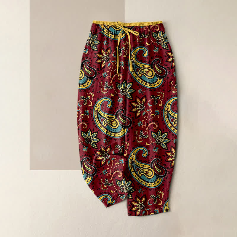 Buddha Stones Pure Cotton Paisley Floral Pattern Women's Elastic Waist Harem Pants With Pockets - Maroon - US16，UK/AU20，EU48 (3XL) - image 4