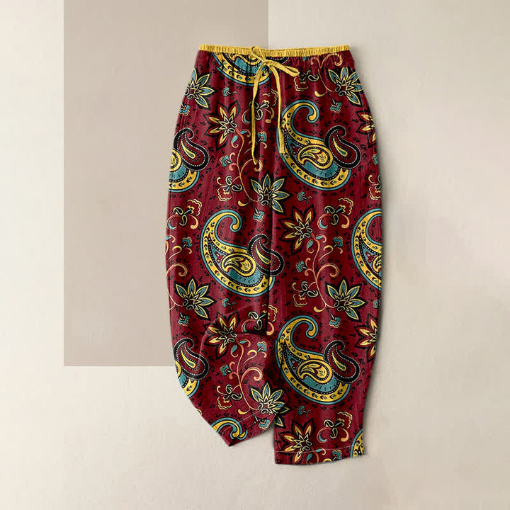 Buddha Stones Pure Cotton Paisley Floral Pattern Women's Elastic Waist Harem Pants With Pockets - Maroon - US16，UK/AU20，EU48 (3XL) - image 4