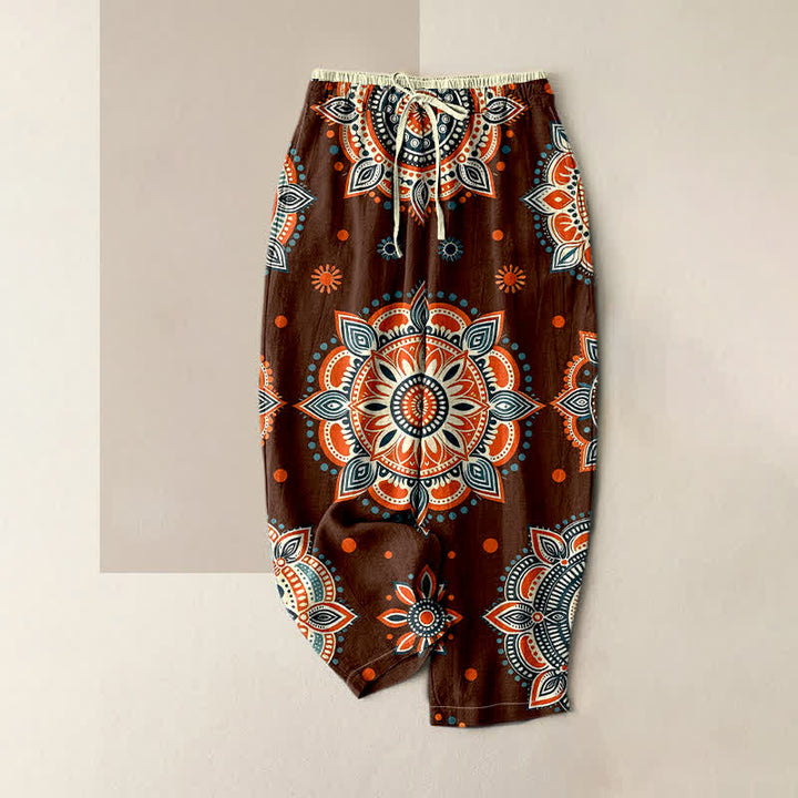 Buddha Stones Pure Cotton Mandala Floral Pattern Women's Elastic Waist Pants With Pockets - Brown - US16，UK/AU20，EU48 (3XL) - image 0