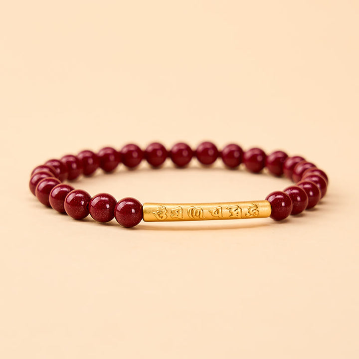 Buddha Stones Cinnabar 999 Sterling Silver Om Mani Padme Hum Wisdom Bracelet - Cinnabar Gold(Wrist Circumference:14–15 cm) - image 0