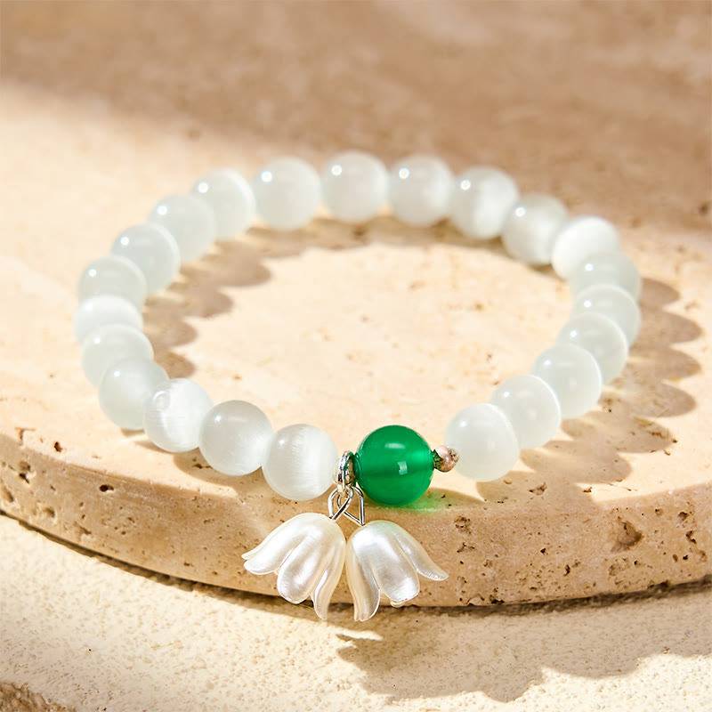 Buddha Stones 8mm White Cat's Eye Round Beads Lily of the Valley Flowers Positive Bracelet - White Cat's Eye(Wrist Circumference 15–16cm) - image 0
