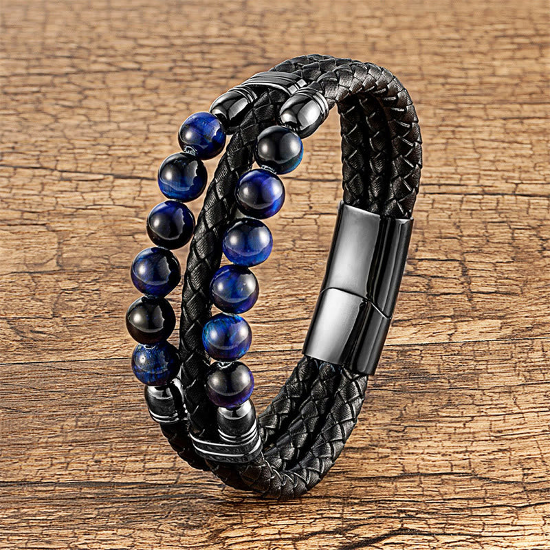 Buddha Stones Tiger Eye Hematite Lava Rock Black Onyx Lazurite Lapis Lazuli Beads Protection Strength Leather Bracelet - Blue Tiger Eye - 18-22cm - image 0