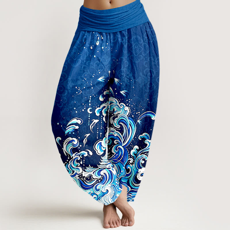 Buddha Stones Pure Cotton Ocean Wave Gradient Pattern Women's Elastic Waist Harem Pants - RoyalBlue - US16，UK/AU20，EU48 (3XL) - image 0