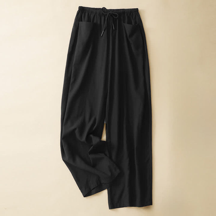 Buddha Stones Summer Minimalist Drawstring Solid Women's Straight Pants With Pockets - Black - US8-10，UK/AU12-14，EU40-42 (2XL) - image 6