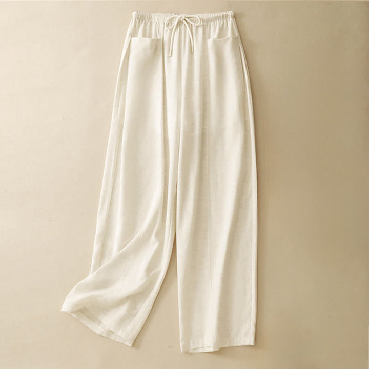Buddha Stones Summer Minimalist Drawstring Solid Women's Straight Pants With Pockets - Linen - US8-10，UK/AU12-14，EU40-42 (2XL) - image 0