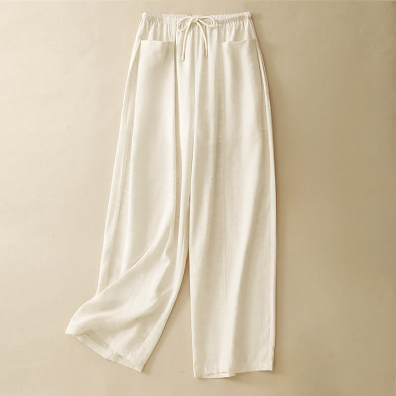 Buddha Stones Summer Minimalist Drawstring Solid Women's Straight Pants With Pockets - Linen - US8-10，UK/AU12-14，EU40-42 (2XL) - image 0