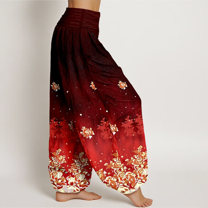 Buddha Stones Pure Cotton Vintage Rose Floral Pattern Women's Elastic Waist Harem Pants - image 7