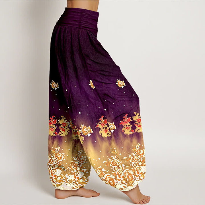 Buddha Stones Pure Cotton Vintage Rose Floral Pattern Women's Elastic Waist Harem Pants - image 10