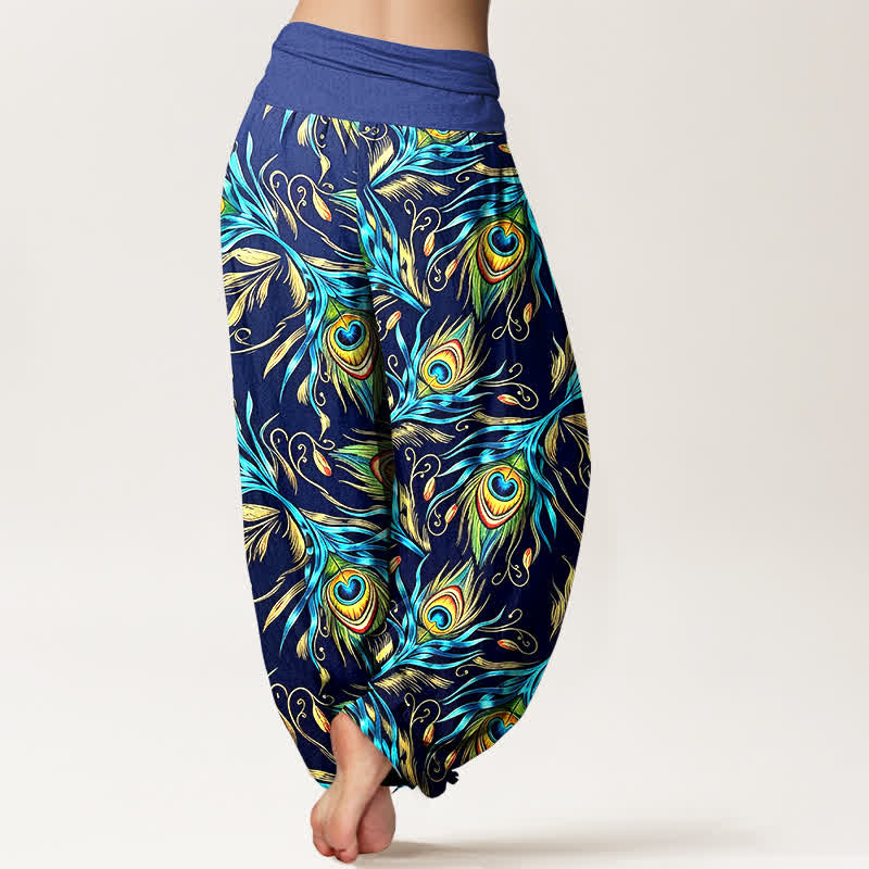 Buddha Stones Pure Cotton Peacock Feather Pattern Women's Elastic Waist Harem Pants - image 1