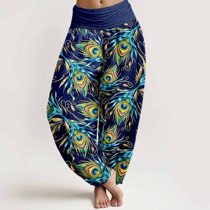 Buddha Stones Pure Cotton Peacock Feather Pattern Women's Elastic Waist Harem Pants - Navy - US16，UK/AU20，EU48 (3XL) - image 0