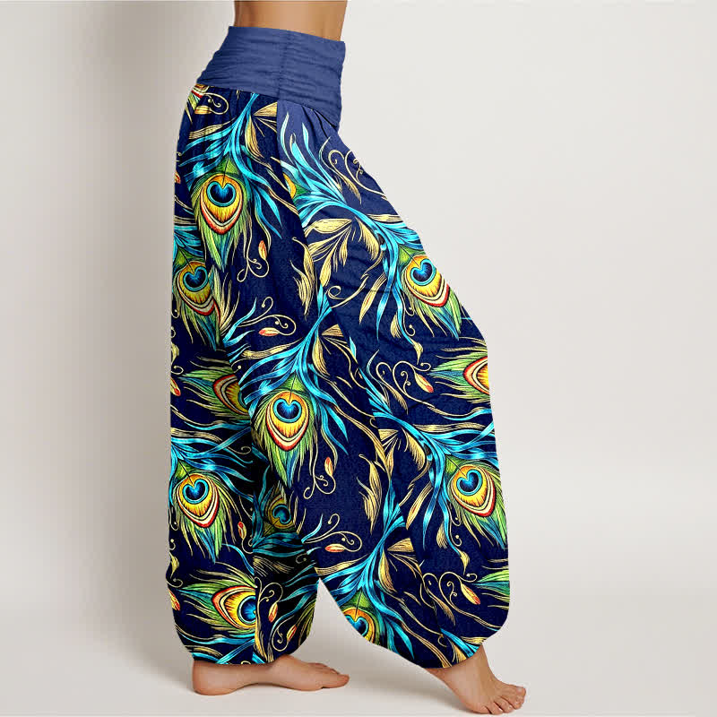 Buddha Stones Pure Cotton Peacock Feather Pattern Women's Elastic Waist Harem Pants - image 2