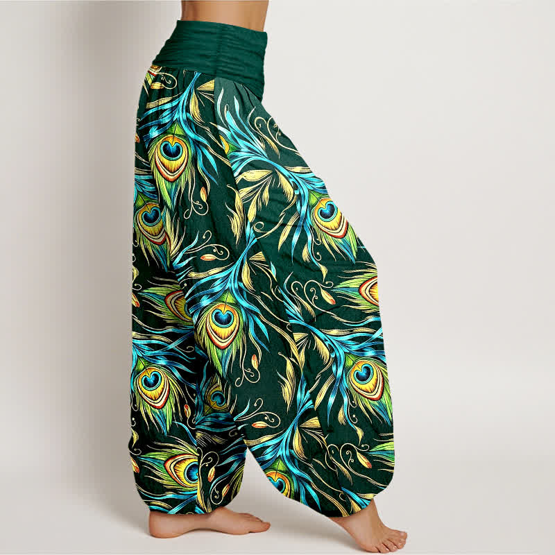 Buddha Stones Pure Cotton Peacock Feather Pattern Women's Elastic Waist Harem Pants - image 7