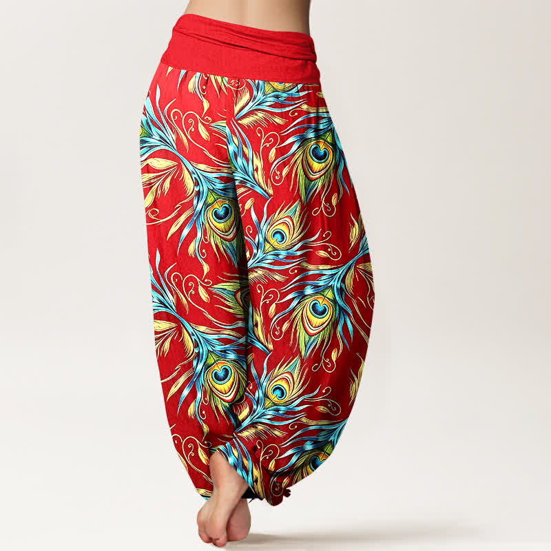 Buddha Stones Pure Cotton Peacock Feather Pattern Women's Elastic Waist Harem Pants - image 9