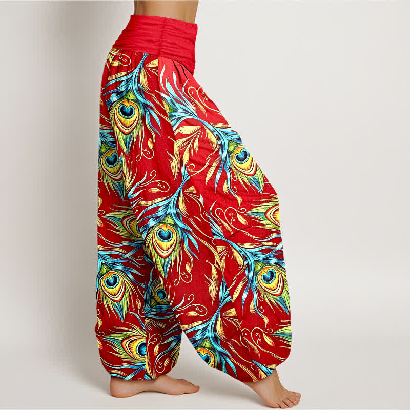 Buddha Stones Pure Cotton Peacock Feather Pattern Women's Elastic Waist Harem Pants - image 10