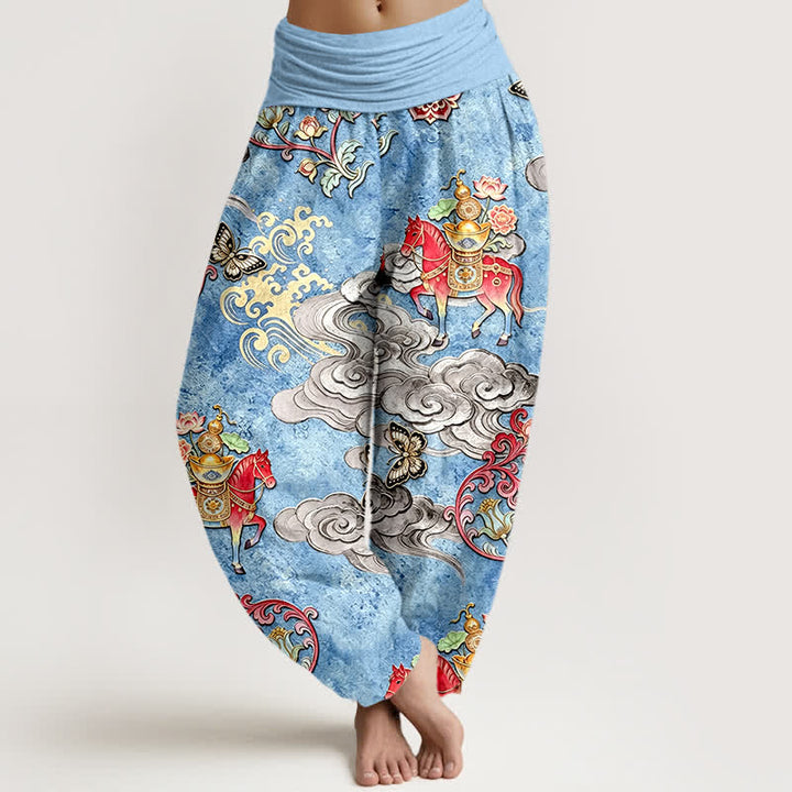 Buddha Stones Pure Cotton Auspicious Clouds Horse Flower Pattern Women's Elastic Waist Harem Pants - PowderBlue - US16，UK/AU20，EU48 (3XL) - image 0