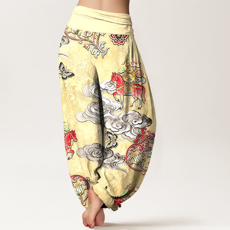 Buddha Stones Pure Cotton Auspicious Clouds Horse Flower Pattern Women's Elastic Waist Harem Pants - image 6