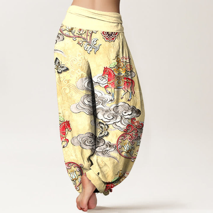 Buddha Stones Pure Cotton Auspicious Clouds Horse Flower Pattern Women's Elastic Waist Harem Pants - image 6
