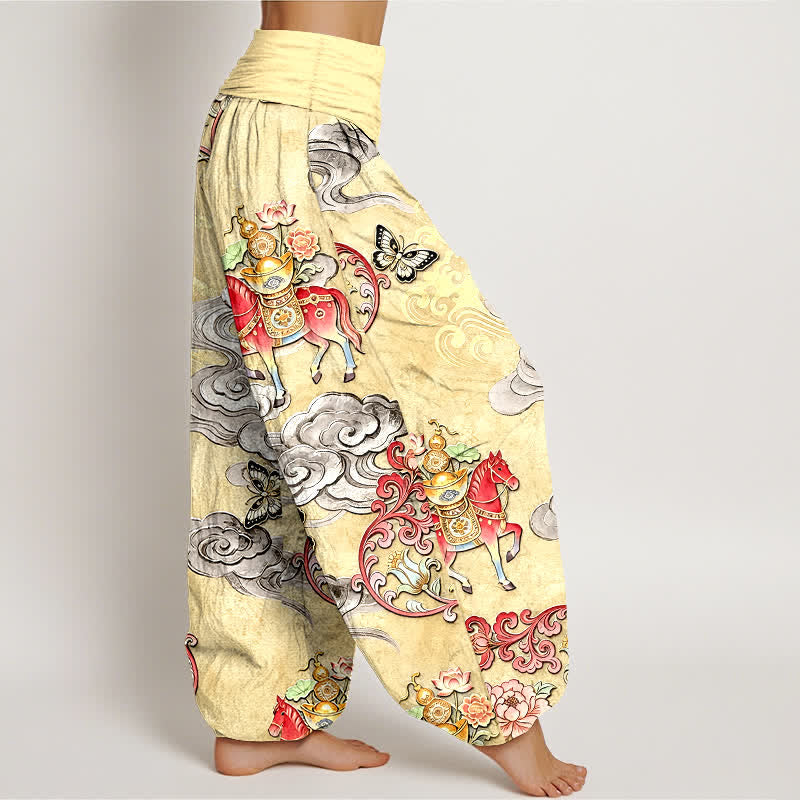 Buddha Stones Pure Cotton Auspicious Clouds Horse Flower Pattern Women's Elastic Waist Harem Pants - image 7