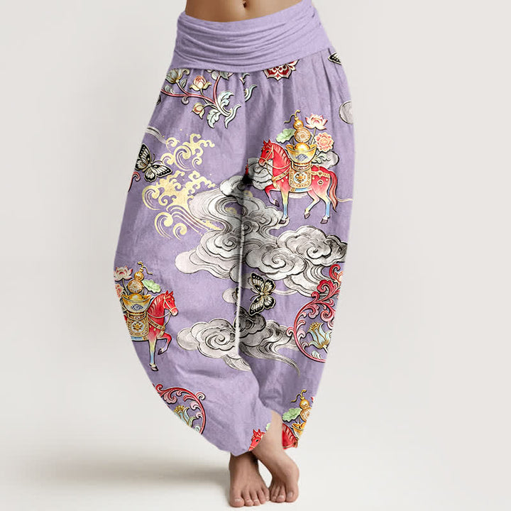 Buddha Stones Pure Cotton Auspicious Clouds Horse Flower Pattern Women's Elastic Waist Harem Pants - Lavender - US16，UK/AU20，EU48 (3XL) - image 8