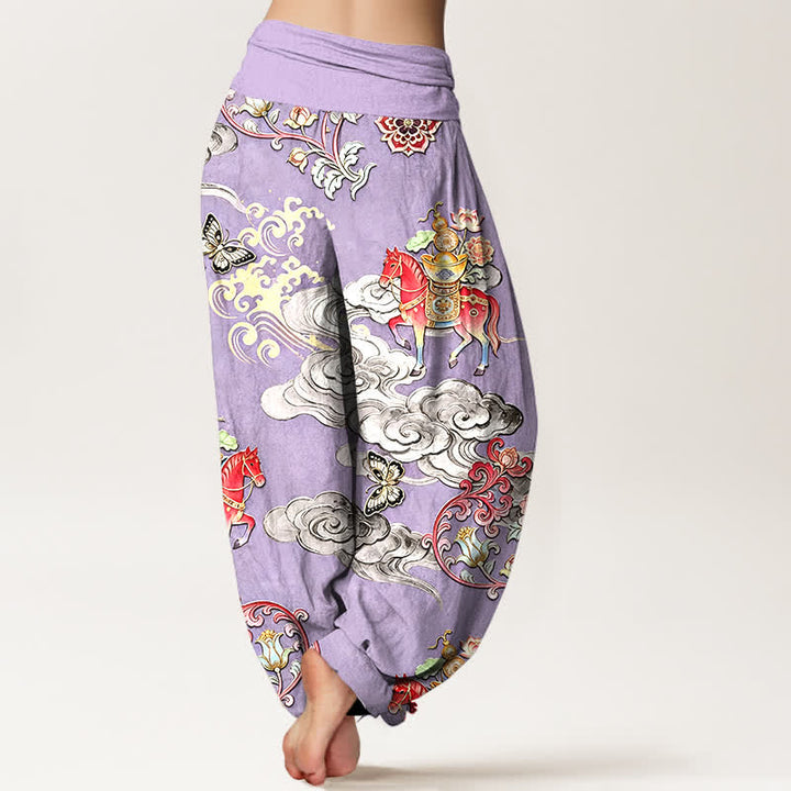 Buddha Stones Pure Cotton Auspicious Clouds Horse Flower Pattern Women's Elastic Waist Harem Pants - image 9
