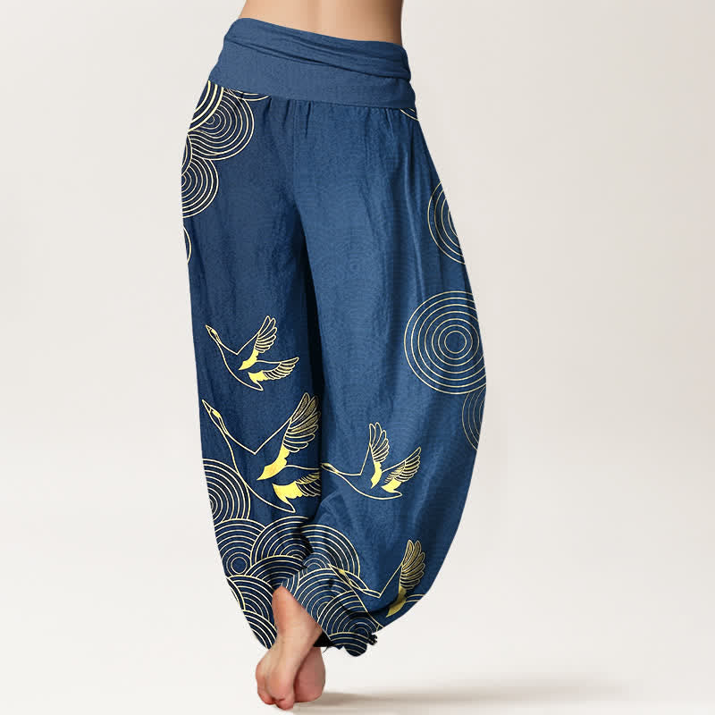 Buddha Stones Cotton Gold Bird Circle Pattern Women's Elastic Waist Harem Pants - image 1