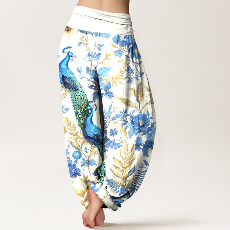 Buddha Stones Pure Cotton Teal Peacock Floral Pattern Women's Elastic Waist Harem Pants - image 6