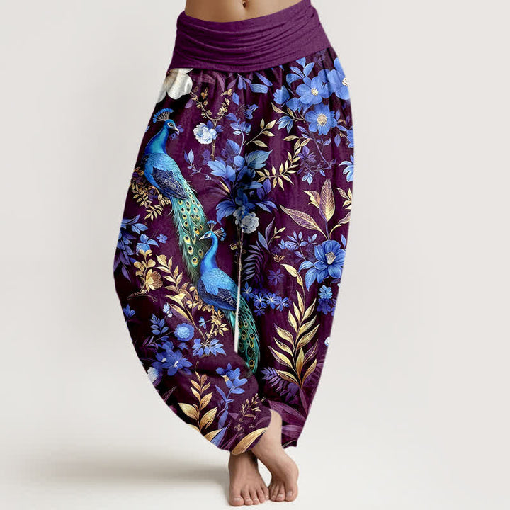 Buddha Stones Pure Cotton Teal Peacock Floral Pattern Women's Elastic Waist Harem Pants - Purple - US16，UK/AU20，EU48 (3XL) - image 8