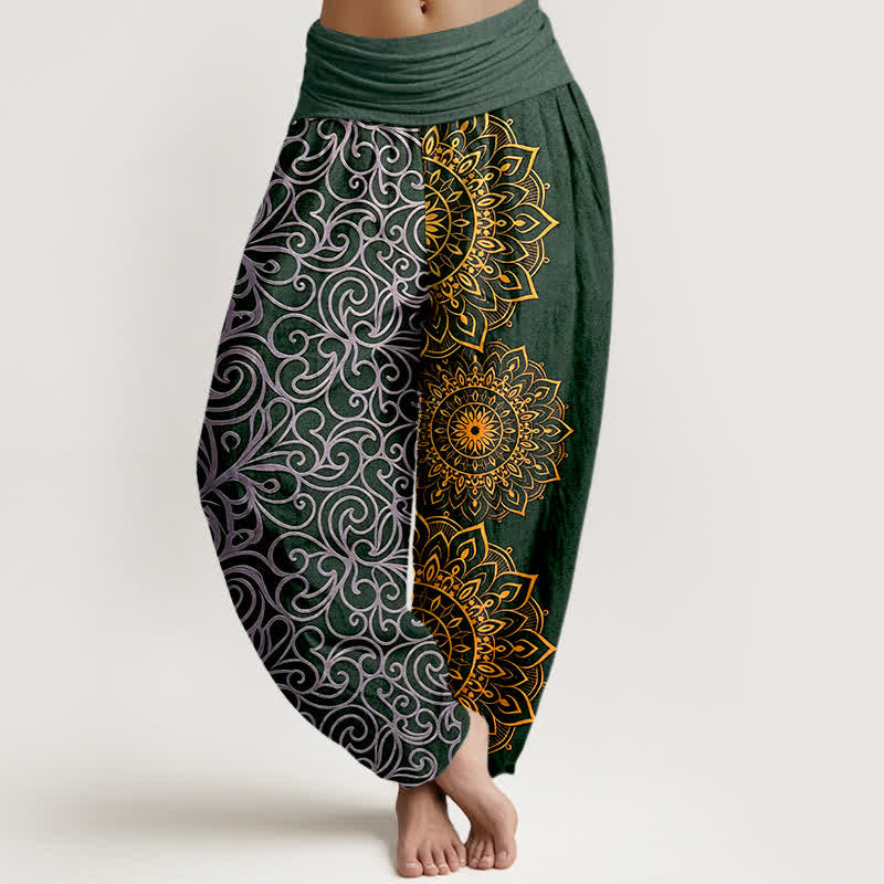 Buddha Stones Pure Cotton Golden Mandala Floral Pattern Women's Elastic Waist Harem Pants - ForestGreen - US16，UK/AU20，EU48 (3XL) - image 8