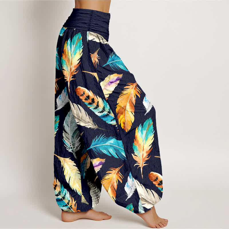 Buddha Stones Pure Cotton Colorful Feather Pattern Women's Elastic Waist Harem Pants - image 2