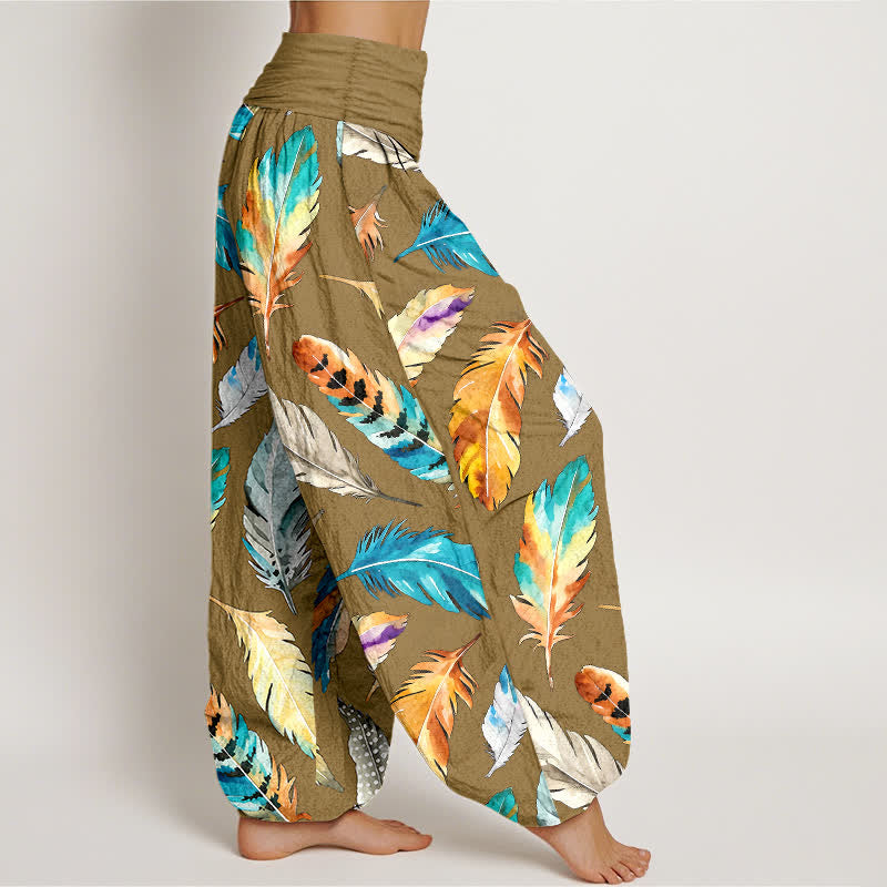 Buddha Stones Pure Cotton Colorful Feather Pattern Women's Elastic Waist Harem Pants - image 7