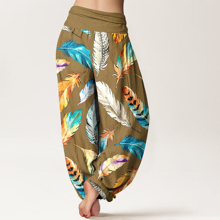 Buddha Stones Pure Cotton Colorful Feather Pattern Women's Elastic Waist Harem Pants - image 6