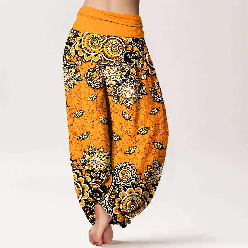 Buddha Stones Pure Cotton Bold Orange Paisley Mandala Pattern Women's Elastic Waist Harem Pants - image 1