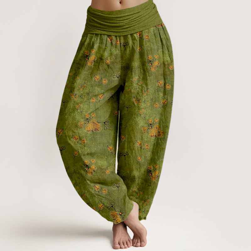 Buddha Stones Pure Cotton Scattered Marigold Floral Pattern Women's Elastic Waist Harem Pants - OliveDrab - US16，UK/AU20，EU48 (3XL) - image 0