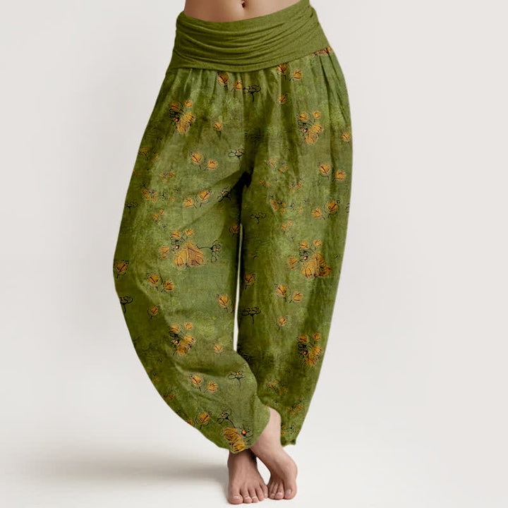 Buddha Stones Pure Cotton Scattered Marigold Floral Pattern Women's Elastic Waist Harem Pants - OliveDrab - US16，UK/AU20，EU48 (3XL) - image 0