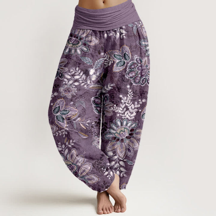 Buddha Stones Pure Cotton Bohemian Floral Leaf Pattern Women's Elastic Waist Harem Pants - Purple - US16，UK/AU20，EU48 (3XL) - image 5