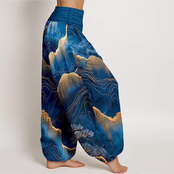 Buddha Stones Pure Cotton Midnight Mountain Gold Line Pattern Women's Elastic Waist Harem Pants - image 2