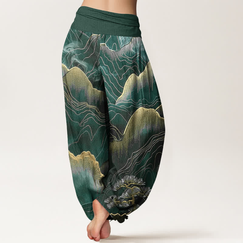 Buddha Stones Pure Cotton Midnight Mountain Gold Line Pattern Women's Elastic Waist Harem Pants - image 9