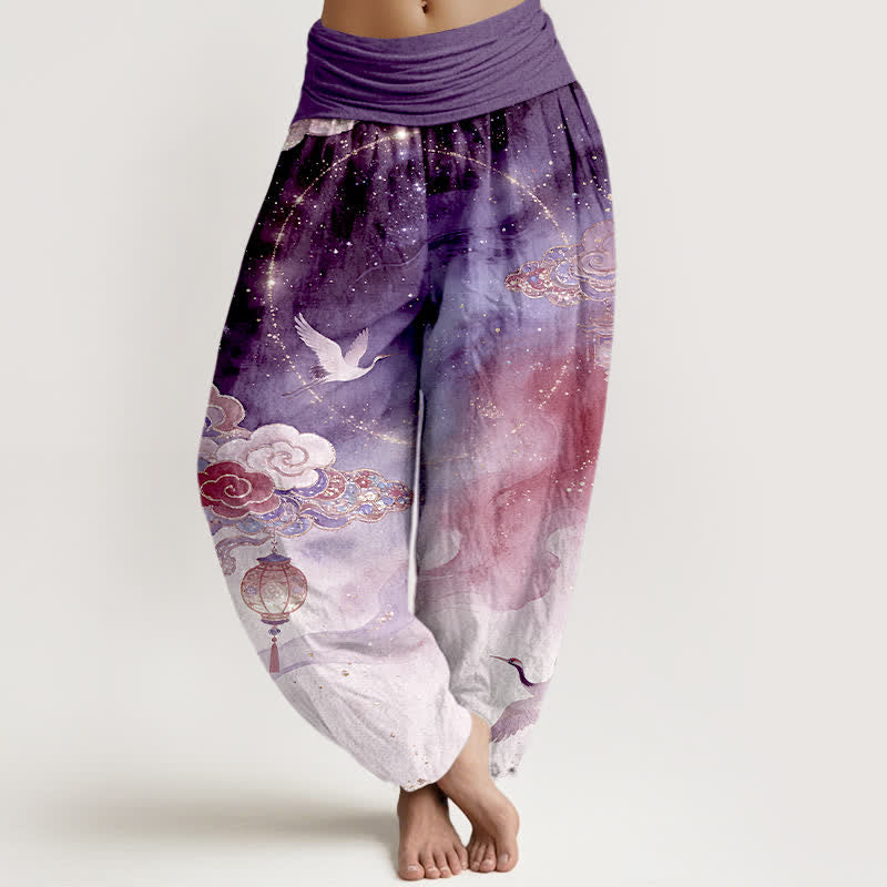 Buddha Stones Pure Cotton Crane Cloud Lantern Night Sky Pattern Women's Elastic Waist Harem Pants - Purple - US16，UK/AU20，EU48 (3XL) - image 5