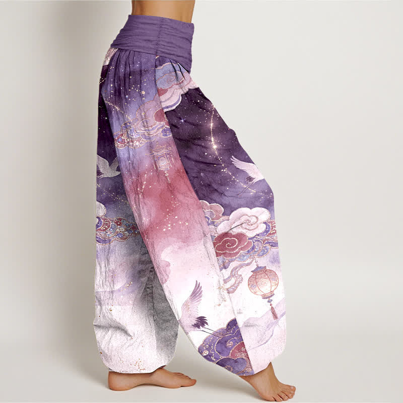Buddha Stones Pure Cotton Crane Cloud Lantern Night Sky Pattern Women's Elastic Waist Harem Pants - image 7