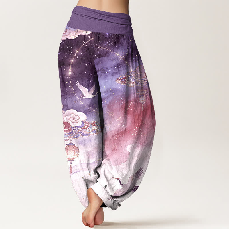 Buddha Stones Pure Cotton Crane Cloud Lantern Night Sky Pattern Women's Elastic Waist Harem Pants - image 6
