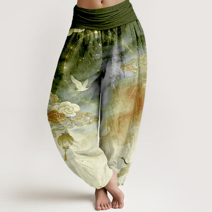 Buddha Stones Pure Cotton Crane Cloud Lantern Night Sky Pattern Women's Elastic Waist Harem Pants - Olive - US16，UK/AU20，EU48 (3XL) - image 8