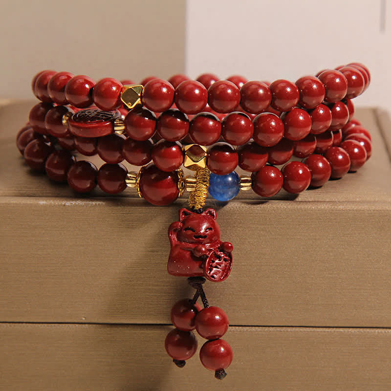 Buddha Stones Tibetan 108 Beads Cinnabar Lucky Cat Fu Character Fortune Mala - Cinnabar(Wrist Circumference:16-18 cm) - image 0