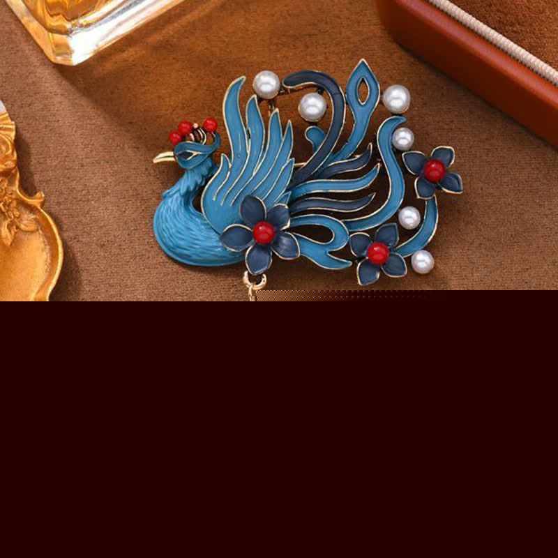 Buddha Stones Blue Phoenix Flower Pearl Turquoise Brooch - image 1