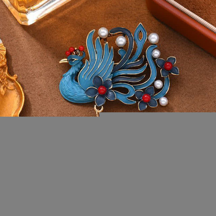 Buddha Stones Blue Phoenix Flower Pearl Turquoise Brooch - image 1